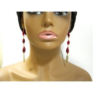 Vintage Red Glass Beaded Long Drop Earrings Pierced or Clip On 3.5 inch long